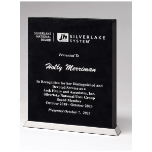 7 1/2" x 10" Black/Silver Laser Leather Desktop Plaque with Chrome Plated Base