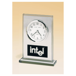 7 1/4" x 4 7/8" Glass Clock, Brushed Aluminum Panel, White Dial and Black Aluminum Plate