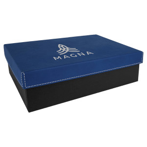 9 7/8" x 7 1/8" Blue/Silver Gift Box with Engraved Faux Leather Lid