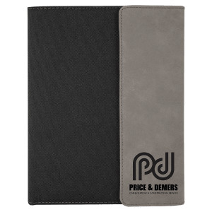 7" x 9" Gray Engraved Faux Leather / Black Canvas Portfolio with Notepad