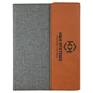 7" x 9" Rawhide Engraved Faux Leather / Gray Canvas Portfolio with Notepad