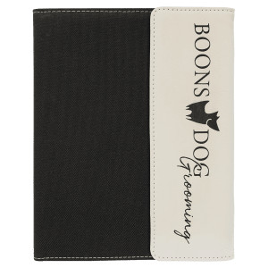 7" x 9" White Engraved Faux Leather / Black Canvas Portfolio with Notepad