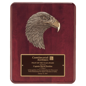 8" X 10 1/2" Rosewood Piano Finish Plaque with Finely Detailed Bronze Eagle Head Casting with Black Custom Engraved Brass Plate