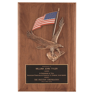 8" x 10 1/2" Solid American Walnut Plaque with Finely Detailed Eagle with American Flag Relief and Black Custom Engraved Brass Plate