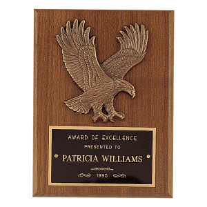 6" x 8" Sculptured Relief Eagle Casting and Laser Engravable Black Plate on an American Walnut Plaque
