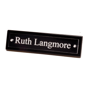 9 1/4" x 2 1/8" Black Piano Finish Nameplate with Acrylic Engraving Plate, Two Silver Posts