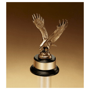9" Fully Modeled Antique Bronze Eagle Casting on a Black Piano Finish Base with Gold Flex-Brass Plate
