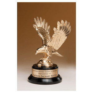 9" Fully Modeled Gold Finish Metal Eagle on a Black Piano Finish Base with a Gold Flex-Brass Plate