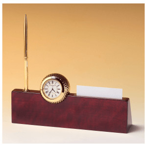9" x 9" x 2 1/4" Gold Metal Golfball Clock on Rosewood Piano Nameplate, Business Card Holder, Pen