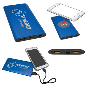 Blue 8000MAH Power Bank & Wireless Anodized Aluminum Charger with USB-C Cord