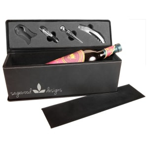 Black/Silver Engraved Faux Leather Single Wine Box with Tools