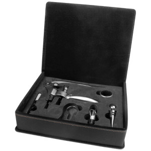 Black/Gold Engraved Faux Leather 5-Piece Wine Tool Gift Set