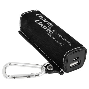 Black/Silver Engraved Faux Leather 2200 mAh Power Bank with USB Cord