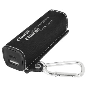 Black/Silver Engraved Faux Leather 2200 mAh Power Bank with USB-C Cord
