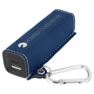 Blue/Silver Engraved Faux Leather 2200 mAh Power Bank with USB-C Cord