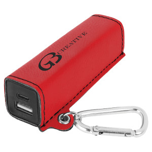Red Engraved Faux Leather 2200 mAh Power Bank with USB-C Cord