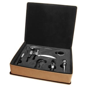 Light Brown Engraved Faux Leather 5-Piece Wine Tool Gift Set