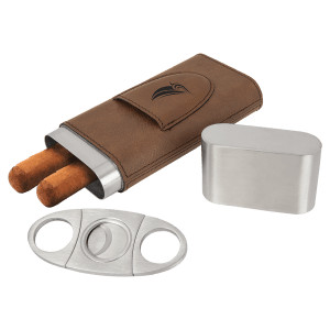 Dark Brown Engraved Faux Leather Cigar Case with Cutter