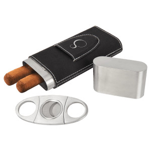Black/Silver Engraved Faux Leather Cigar Case with Cutter