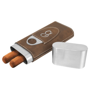 Rustic/Silver Engraved Faux Leather Cigar Case with Cutter