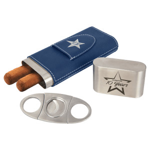 Blue/Silver Engraved Faux Leather Cigar Case with Cutter