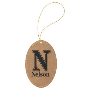 Light Brown Engraved Faux Leather Oval Ornament with Gold String
