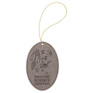 Gray Engraved Faux Leather Oval Ornament with Gold String