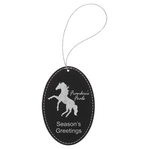 Black/Silver Engraved Faux Leather Oval Ornament with Silver String