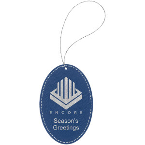 Blue/Silver Engraved Faux Leather Oval Ornament with Silver String