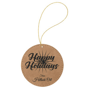 Light Brown Engraved Faux Leather Round Ornament with Gold String