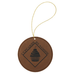 Dark Brown Engraved Faux Leather Round Ornament with Gold String
