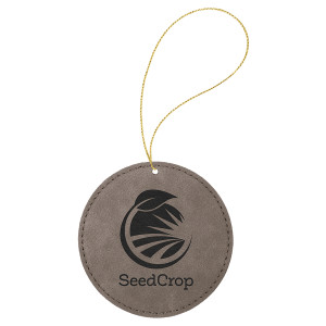 Gray Engraved Faux Leather Round Ornament with Gold String