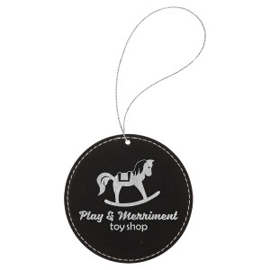 Black/Silver Engraved Faux Leather Round Ornament with Silver String