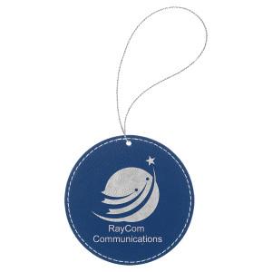 Blue/Silver Engraved Faux Leather Round Ornament with Silver String