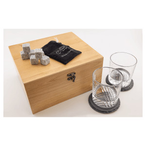 Red Alder Whiskey Set with Two 9 oz. Glasses, Two 4" Slate Coasters, and Eight Granite Whiskey Stones with Black Velvet Bag