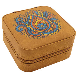 Travel Jewelry Box - Engraved Faux Leather, Creekside Collection, 4" x 4", Light Brown