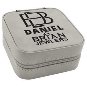 Travel Jewelry Box - Engraved Faux Leather, Creekside Collection, 4" x 4", Light Gray