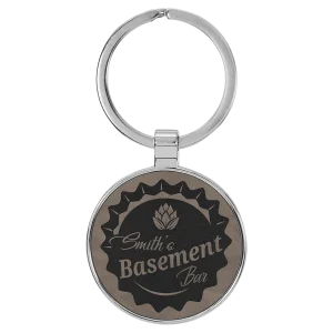 1 1/2" Engraved Faux Leather/Metal Gray Round Keychain