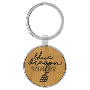 1 1/2" Engraved Faux Leather/Metal Bamboo Round Keychain