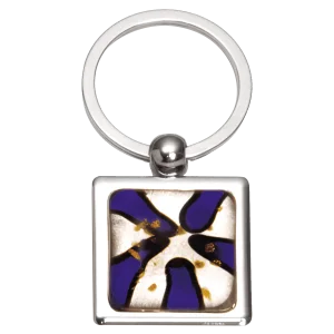 1 1/4" x 2 3/4" Blue Art Glass Decorated Key Ring