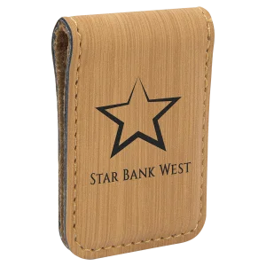 1 3/4" x 2 1/2" Bamboo Engraved Faux Leather Money Clip