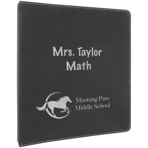 10 1/2" x 11 1/2" Black/Silver Engraved Faux Leather 3 Ring Binder with 1" Slant D Rings