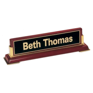 10 5/8"x 2 3/4 x 2 1/2 Rosewood Piano Finish Nameplate and Gold Metal Accents with Black Plate
