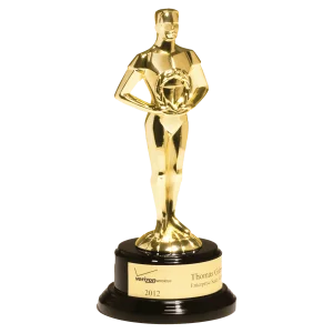 11" Cast Metal Goldtone Finish Classic Achiever Figure on a Black Piano Finish Base with a Gold Flex-Brass Plastic Plate