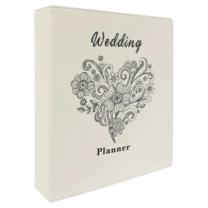 11" x 11 1/2" White/Black Engraved Faux Leather 3 Ring Binder with 2" Slant D Rings