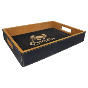 16" x 12" Black/Gold Engraved Faux Leather Serving Tray