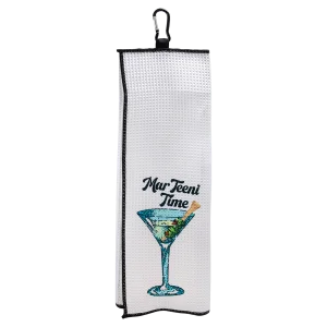 17" x 17" White Trifold Custom Printed Golf Towel with Black Border and Carabiner