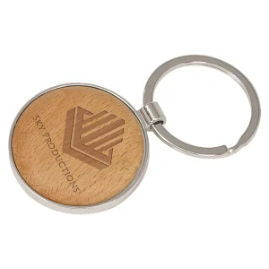 1 5/8" Silver/Wood Custom Engraved Round Keychain