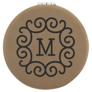 2 1/2" Light Brown Engraved Faux Leather Compact Mirror