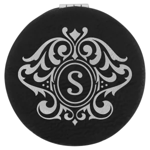 2 1/2" Black/Silver Engraved Faux Leather Compact Mirror